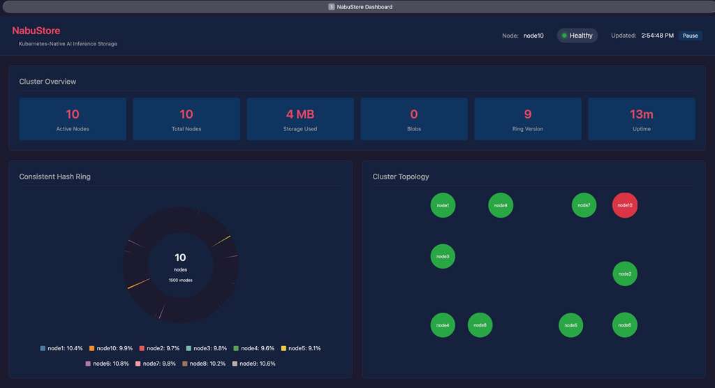 NabuStore Dashboard — cluster ring visualization, topology graph, and node metrics